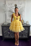 Cute Yellow One-shoulder Tiered Ruffle Design A-line Short Homecoming Dress HZ1024