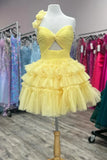 Cute Yellow One-shoulder Tiered Ruffle Design A-line Short Homecoming Dress HZ1024