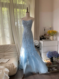 Retro Light Blue Applique Backless Design Romantic Chiffon Evening Dress Prom Dress HZ1024
