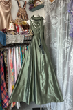 Vintage Green Satin Shawl Design Elegant A-line Long Evening Dress Prom Dresses HZ1024