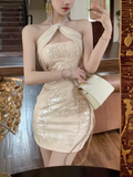 Fashion Champagne Sequin Design A-line Party Halter Dress Homecoming Dress HZ1024