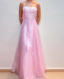 Vintage Pink A-Line Embroidery Prom Dress Long Chiffon Evening Dress Spaghetti Strap Formal Dress HZ1024