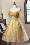 Vintage Yellow Floral Tulle Knee Length Prom Dress, Lovely A-Line Homecoming Dress HZ1024