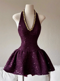 Vintage Purple Sequin Halter Dress Design A-line Party Dress Homecoming Dress HZ1024
