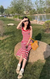 New Fashion Red Streak Casual Sleeveless Spaghetti Strap Dress HZ1024