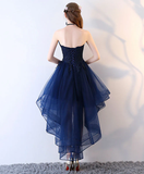 Retro Navy Blue Strapless Ruffled Hem Design A-line Tulle Party Dress Homecoming Dress HZ1024