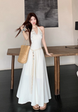 Simple Fashion Beige V-neck Design Beach Holiday A-line with Belt Halter Dress HZ1024