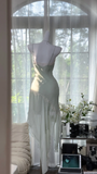 Vintage Mint Green Irregular Lace Hem Spaghetti Strap Design Chiffon Prom Dress Evening Dress HZ1024