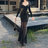Women Simple Elegant Black Mesh Long-sleeved Dress HZ1024