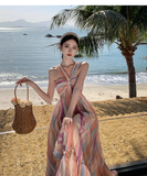 New Rainbow Stripe Design Beach Holiday Casual Halter Dress HZ1024