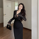 Women New Sexy Black Lace Long-sleeved Dress HZ1024
