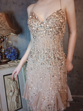 Vintage Champagne Spaghetti Strap V-neck Sparkling Beaded Design Elegant Chiffon Evening Dress Prom Dress HZ1024