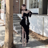 Vintage Glittering Sequin Sweetheart Spaghetti Strap Ruffled High Slit Prom Dress Evening Dress HZ1024