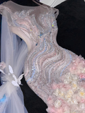 Gorgeous Sparkling Beaded Sequin Mermaid 3D Flowers Design Tulle Evening Dress Prom Dresses HZ1024