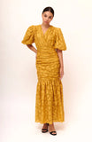 Special Yellow V-neck Lace Short Sleeve Mermaid Evening Dress Prom Dress HZ1024