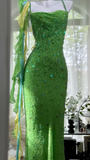 Vintage Shiny Sequin Green Spaghetti Strap Design A-line Romantic Chiffon Evening Dress Prom Dress HZ1024