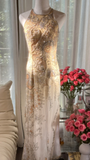 Retro Golden Sparkling Beaded Halter Dress Elegant Chiffon Evening Dress Prom Dresses HZ1024
