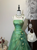Vintage Green A-Line Beaded Spaghetti Strap Evening Dress A-Line 3D Flowers Long Prom Dress HZ1024