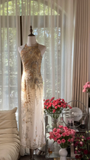 Retro Golden Sparkling Beaded Halter Dress Elegant Chiffon Evening Dress Prom Dresses HZ1024
