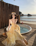 New Simple Yellow Floral Design A-Line Beach Holiday Spaghetti Strap Dress HZ1024