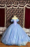 Vintage Blue Off-the-shoulder Chiffon Sweet 16 Quinceanera A-Line Princess Evening Dress Ball Gown HZ1024