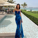 Vintage Print Navy Blue Spaghetti Strap Sexy Waist Slit Dress HZ1024