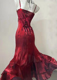 Beautiful Burgundy Spaghetti Strap 3D Rosette Detachable Flounce Sleeves Design Satin Prom Dress Evening Dress HZ1024