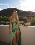Simple Soft Satin Green Mermaid Off-the-shoulder High Slit Ball Gown Evening Dress HZ1024