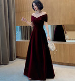 Vintage Burgundy Off-the-shoulder Velvet Design A-Line Evening Dress Prom Dress HZ1024