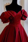 Gorgeous Burgundy V-neck Satin Puffy Sleeves Beading Sweet 16 Quinceanera A-Line Evening Dress Ball Gown HZ1024