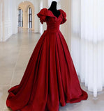 Gorgeous Burgundy V-neck Satin Puffy Sleeves Beading Sweet 16 Quinceanera A-Line Evening Dress Ball Gown HZ1024