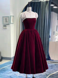 Retro Burgundy Beaded Spaghetti Strap Design A-line Velvet Party Dress Homecoming Dress HZ1024