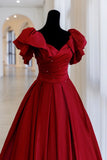 Gorgeous Burgundy V-neck Satin Puffy Sleeves Beading Sweet 16 Quinceanera A-Line Evening Dress Ball Gown HZ1024