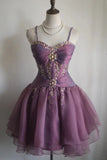 Retro Purple Beading Design A-line Tulle Spaghetti Strap Party Dresses Homecoming Dresses, HZ1024