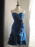 Retro Blue Beading Design A-line Satin Strapless Sweetheart Tiered Party Dresses Homecoming Dresses, HZ1024