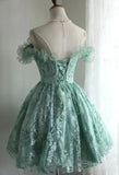 Vintage Green Appliqued Lace-up A-line Off-the-shoulder Party Dresses Homecoming Dresses, HZ1024