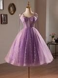 Charming Purple Tulle Design A-line Spaghetti Strap Homecoming Dress HZ1024