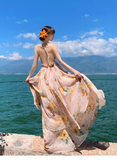 New Fashion Floral V-neck Design Elegant Beach Holiday A-line Sleeveless Halter Dress Summer HZ1024