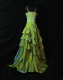 Gorgeous Green Beaded Applique Spaghetti Strap A-Line Satin Ruffles Prom Dress Evening Dress HZ1024