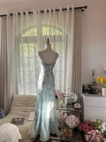 Retro Light Green Sparkling Beaded Spaghetti Strap Design Elegant Chiffon Evening Dress Prom Dress HZ1024