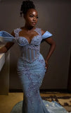 Gorgeous Sky Blue Beaded Prom Dress Long Sweetheart Evening Dress Mermaid Formal Dress HZ1024