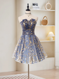 Retro Blue Sequin Strapless Design A-line Tulle Party Dress Homecoming Dress HZ1024