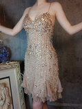 Vintage Champagne Spaghetti Strap V-neck Sparkling Beaded Design Elegant Chiffon Evening Dress Prom Dress HZ1024