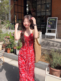 New Fashion Red Floral Design A-line Beach Holiday Spaghetti Strap Dress HZ1024