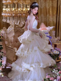 Elegant White Strapless Tiered Sweet 16 Quinceanera A-Line Tulle Evening Dress Ball Gown HZ1024