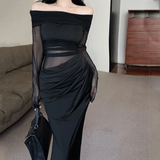 Simple Fashion Black Mesh Long-sleeved Dress HZ1024