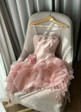 Cute Pink Spaghetti Strap 3D Flower Ruffle Design A-line Chiffon Satin Party Dress Homecoming Dress HZ1024