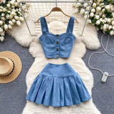 Retro Fashion Design sense Short Strap Vest and Denim Skirt Two-piece Set HZ1024
