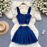 Retro Fashion Design sense Short Strap Vest and Denim Skirt Two-piece Set HZ1024