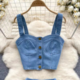 Retro Fashion Design sense Short Strap Vest and Denim Skirt Two-piece Set HZ1024